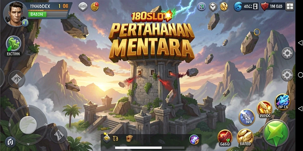 Tampilan gameplay dari 180SLOT dengan menara mempertahankan basis dari serangan musuh.