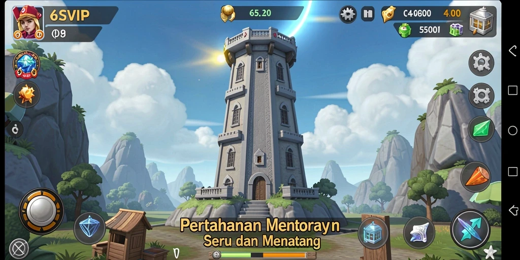 Screenshot gameplay 6SVIP dengan pertahanan menara yang strategis.