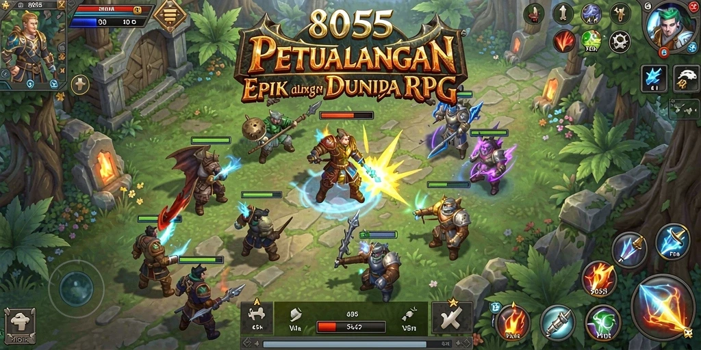 Screenshot utama 8055 menampilkan pertarungan epik dalam gameplay RPG.