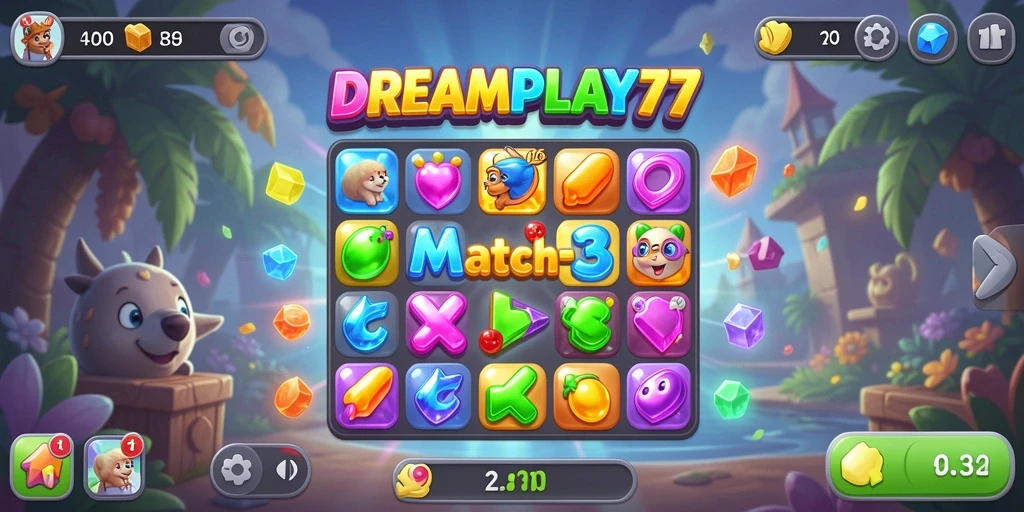 Screenshot DREAMPLAY77 menampilkan gameplay Match-3 yang mengasyikkan.