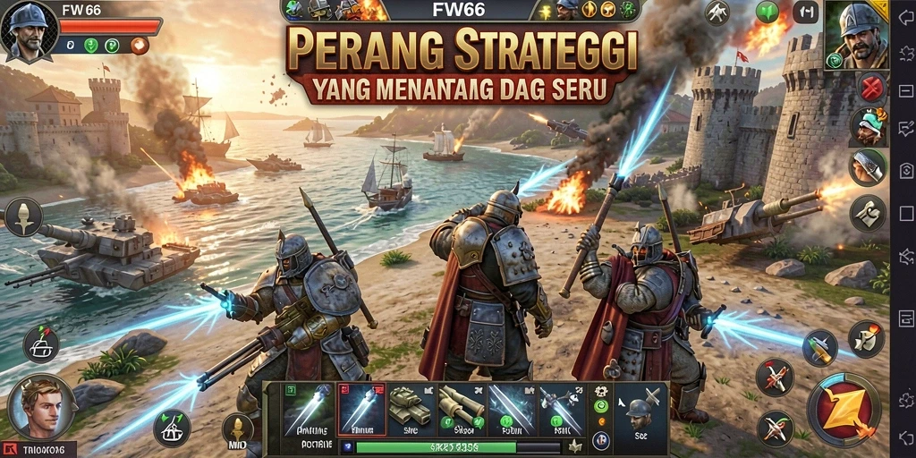 Screenshot gameplay FW66 yang menunjukkan pertempuran strategi.