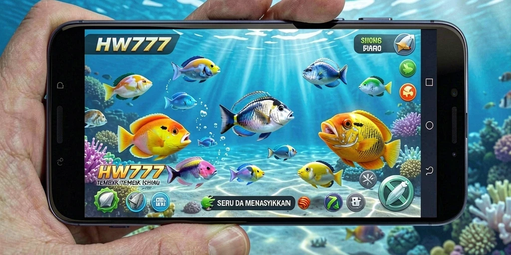 Screenshot utama HW777 menampilkan aksi seru menembak ikan.