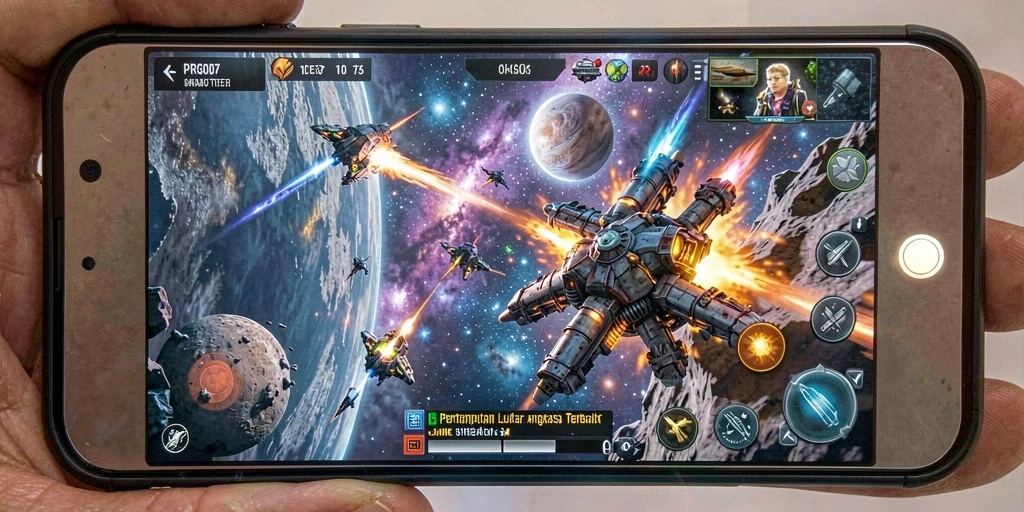 Tangkapan layar dari gameplay intens PRG007 dalam pertempuran luar angkasa.