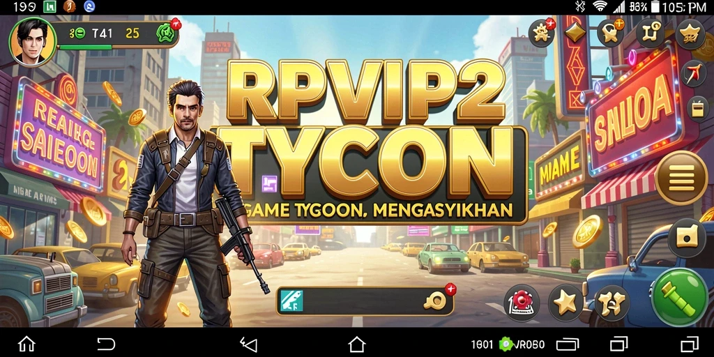 Tampilan gameplay RPVIP2 dengan elemen manajemen Tycoon.