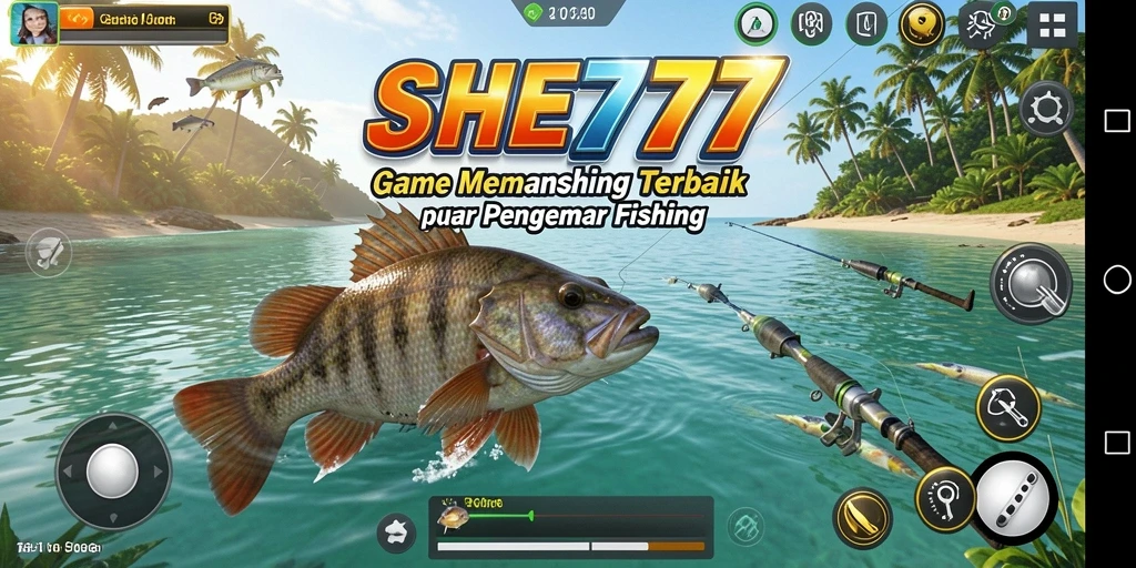 Screenshot gameplay SHE777 menunjukkan aksi memancing yang seru dan interaktif.